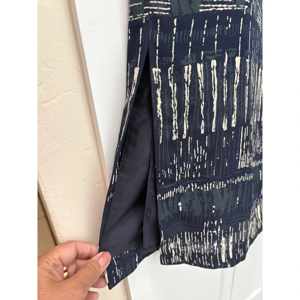 Modern Classics Navy Blue Abstract Brushstroke Midi Skirt Side Slit UK 16 US 12